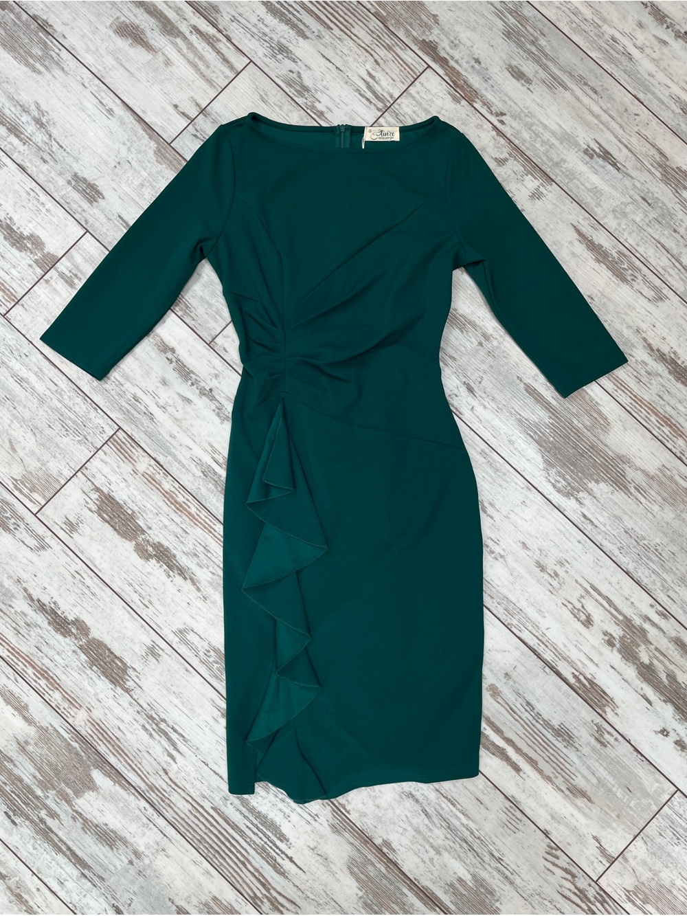 AISIZE Dark Green Ruched Sheath Dress Asymmetric Ruffle 3/4 Sleeve Small NWT - Picture 7 of 16